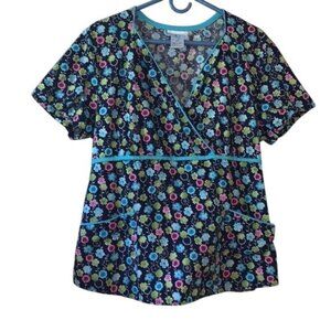 SB Scrubs Floral V-Neck Wrap Style Top With Pockets L/G Indigo Blue & Multicolor